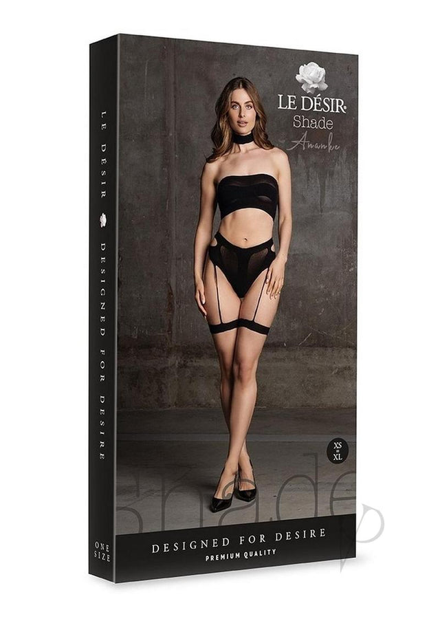 Le Desir Shade Ananke XII Three Piece with Choker, Bandeau Top and Pantie with Garters - O/S - Black