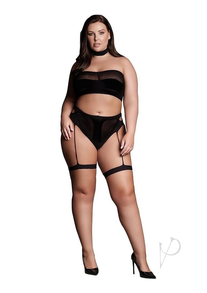 Le Desir Shade Ananke XII Three Piece with Choker, Bandeau Top and Panty with Garters - Queen - Black