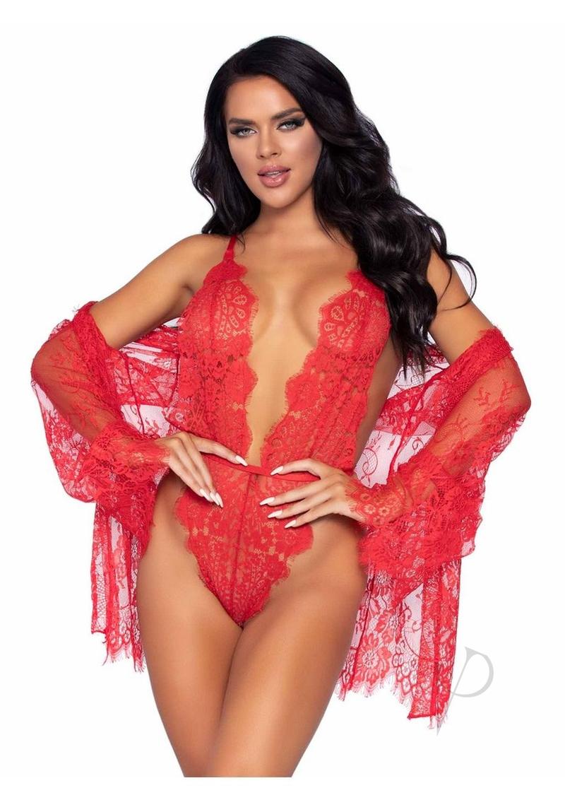 Leg Avenue Floral Lace Teddy with Adjustable Straps and Cheeky Thong Back Matching Lace Robe with Scalloped Trim and Satin Tie (3 pieces) - Small - Red