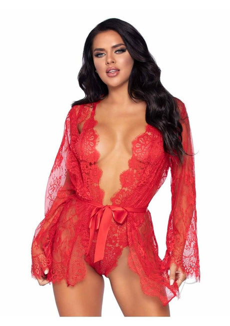 Leg Avenue Floral Lace Teddy with Adjustable Straps and Cheeky Thong Back Matching Lace Robe with Scalloped Trim and Satin Tie - Medium - Red