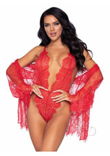 Leg Avenue Floral Lace Teddy with Adjustable Straps and Cheeky Thong Back Matching Lace Robe with Scalloped Trim and Satin Tie (3 pieces) - Large - Red