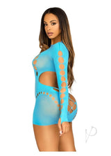 Leg Avenue Seamless Cut Long Sleeve Mini Dress with Faux Lace-Up Detail - OS - Turquoise