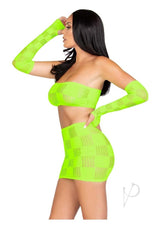 Leg Avenue Checkerboard Net and Opaque Bandeau Mini Skirt and Arm Warmers - OS - Neon Green
