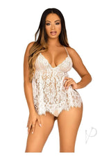 Leg Avenue Floral Lace Babydoll with Eyelash Lace Scalloped Hem Adjustable Cross-Over Straps and G-String Panty - Medium - White
