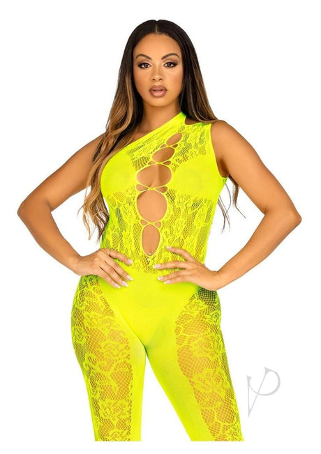 Leg Avenue Floral Lace Convertible Footless Bodystocking with Opaque Panel Detail - O/S - Neon Yellow