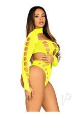 Leg Avenue Seamless Asymmetrical Cut Out Thong Back Bodysuit - OS - Neon Yellow