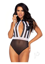 Leg Avenue Bedroom Ref Crotchless Keyhole Striped Teddy and Time-Out Whistle (2 Piece) - O/S - Black/White