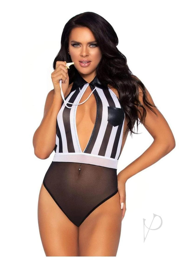 Leg Avenue Bedroom Ref Crotchless Keyhole Striped Teddy and Time-Out Whistle (2 Piece) - O/S - Black/White
