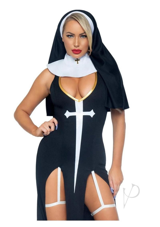Leg Avenue Sultry Sinner Dual Slit Garter Dress With Vinyl Cross Detail, Vinyl Collar, and Nun Habit (3 Piece) - Medium - Black/White