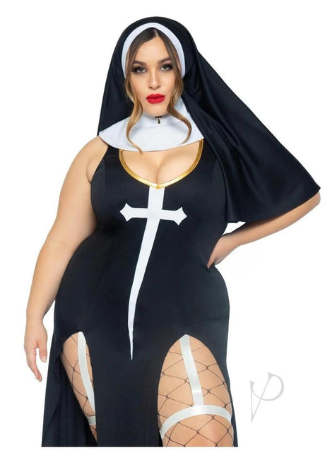 Leg Avenue Sultry Sinner Dual Slit Garter Dress With Vinyl Cross Detail, Vinyl Collar, and Nun Habit (3 Piece) - 1X/2X - Black/White