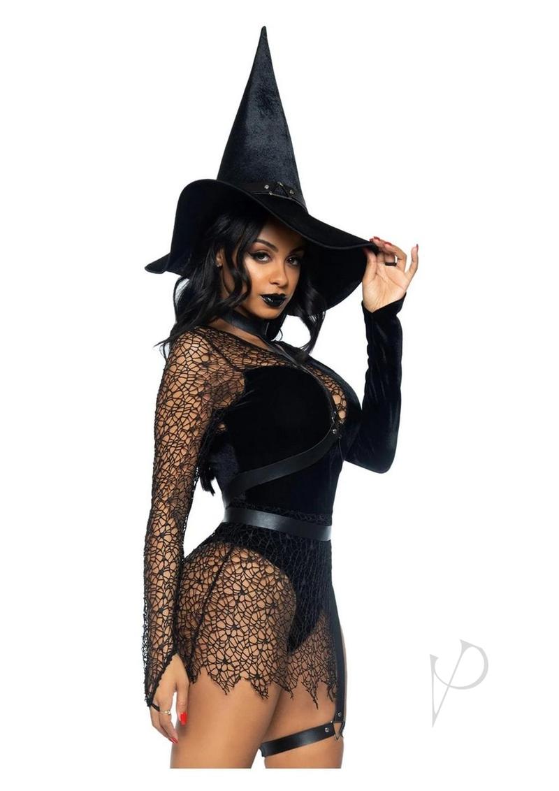 Leg Avenue Crafty Witch Snap Crotch Velvet Bodysuit with Distressed Net and Attached Garter, Choker Body Harness, and Matching Velvet Witch Hat (3 Piece) - Large - Black