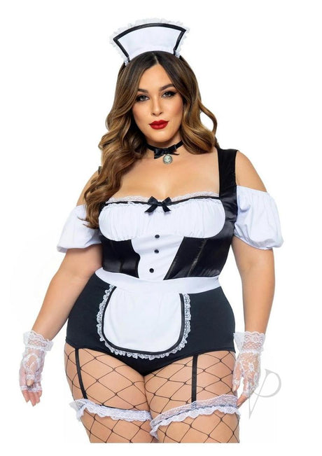 Leg Avenue Foxy Frenchie Garter Bodysuit with Attached Apron, Choker, and Hat Headband (3 Piece) - 1X-2X - Black/White