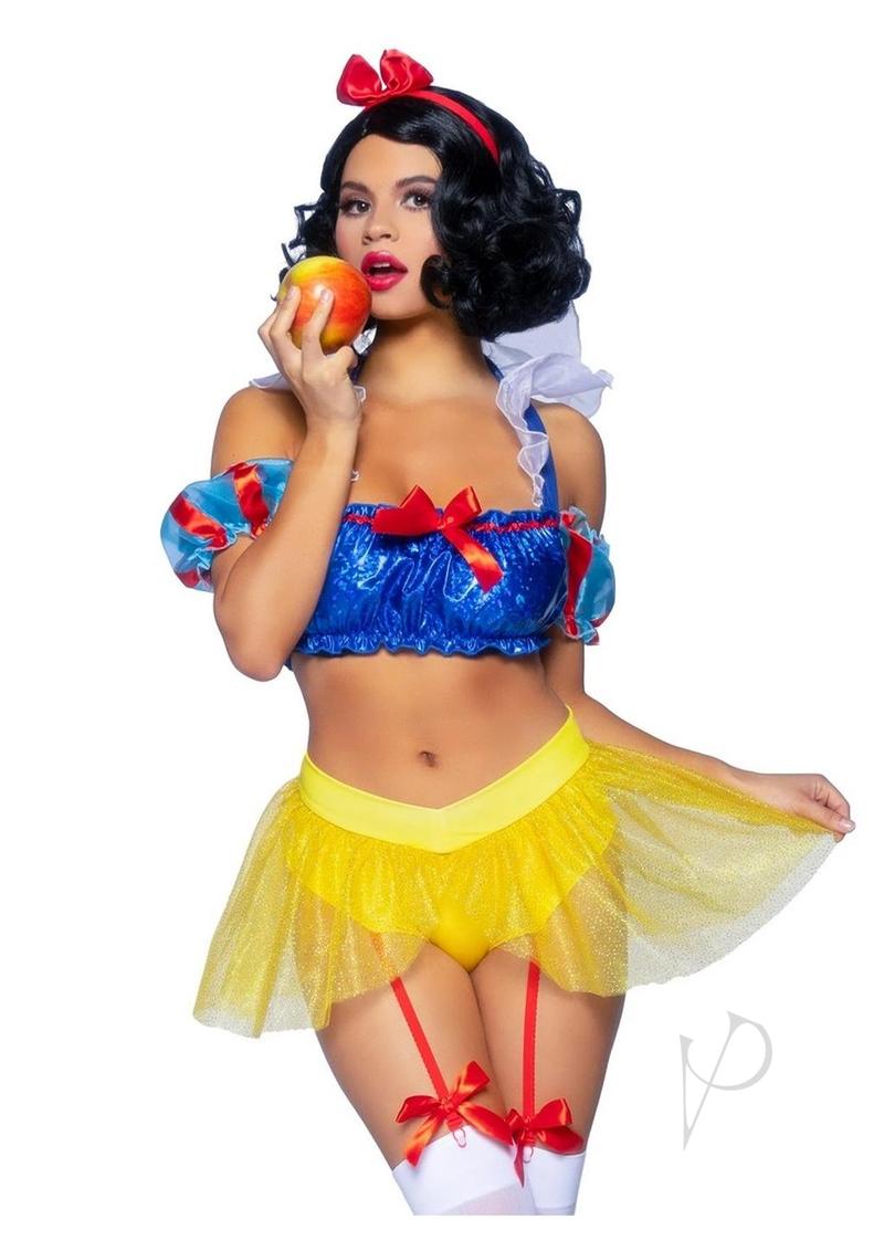 Leg Avenue Bad Apple Snow White, Shimmer Halter Bandeau with Organza Puff Sleeves and Ruffle Collar, Garter Panty with Shimmer Sheer Skirt, and Matching Bow Headband (3 Piece) - Large - Multicolor