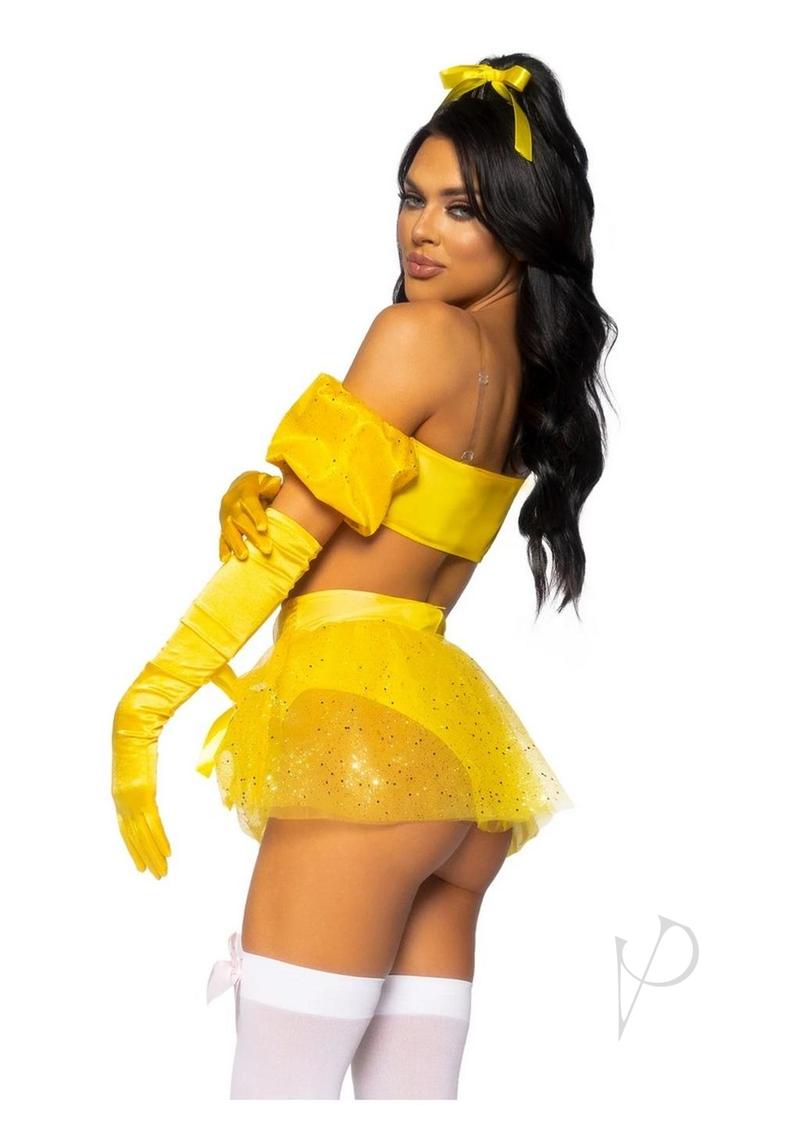 Leg Avenue Fairytale Beauty Glitter Shimmer Bra Top with Gathered Rosette Center and Puff Sleeves, High Waist Panty with Ribbon Pick-Up Skirt, Removable Clear Straps, and Matching Hair Ribbon (4 Piece) - Small - Yellow