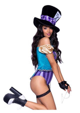 Leg Avenue Mischievous Mad Hatter Garter Bodysuit with Strappy Deep-V and Puff Sleeves, Bow Collar, and Mad Hatter Hat (3 Piece) - Medium - Multicolor