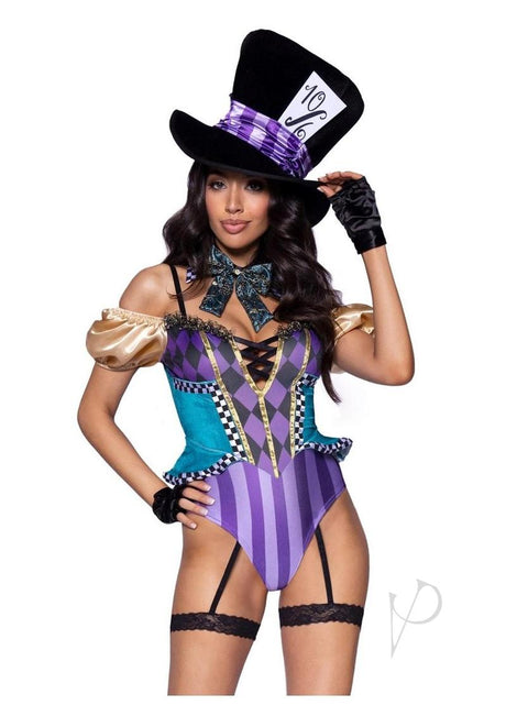 Leg Avenue Mischievous Mad Hatter Garter Bodysuit with Strappy Deep-V and Puff Sleeves, Bow Collar, and Mad Hatter Hat (3 Piece) - Large - Multicolor