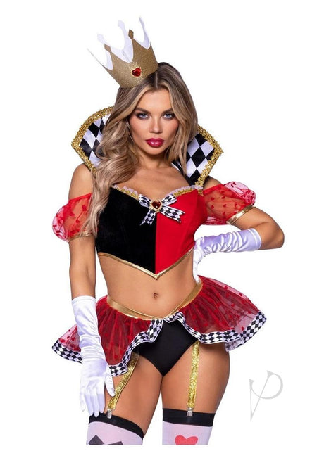 Leg Avenue Wicked Wonderland Queen Tow-Tone Boned Crop Top With Stay Up Collar and Broach Accent, Garter Panty with Peplum Skirt, and Crown Headband (3 Piece) - Large - Black/Red