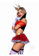Leg Avenue Wicked Wonderland Queen Tow-Tone Boned Crop Top With Stay Up Collar and Broach Accent, Garter Panty with Peplum Skirt, and Crown Headband (3 Piece) - Large - Black/Red
