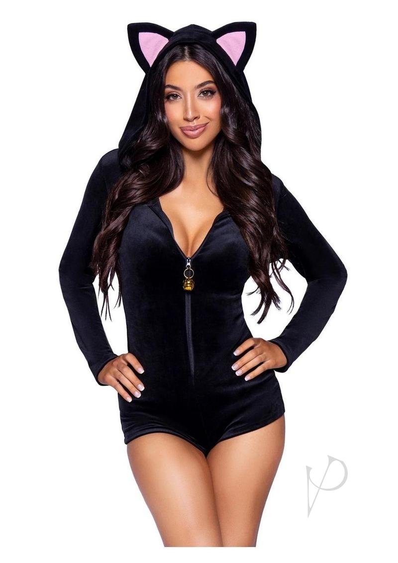 Leg Avenue Comfy Cat Ultra-Soft Velvet Plush Zip Up Romper with Bell Zipper Pull, Ear Hood, and Kitty Tail - Large - Black