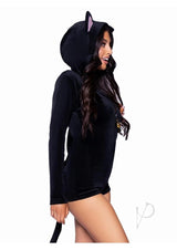 Leg Avenue Comfy Cat Ultra-Soft Velvet Plush Zip Up Romper with Bell Zipper Pull, Ear Hood, and Kitty Tail - Large - Black