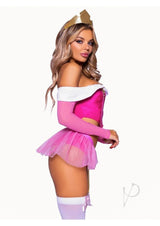 Leg Avenue Dreamy Princess Velvet Boned Crop Top with Jewel Accent, Garter Panty with Peplum Skirt, Removable Clear Straps, and Crown Headband (4 Piece) - Extra Small - Pink