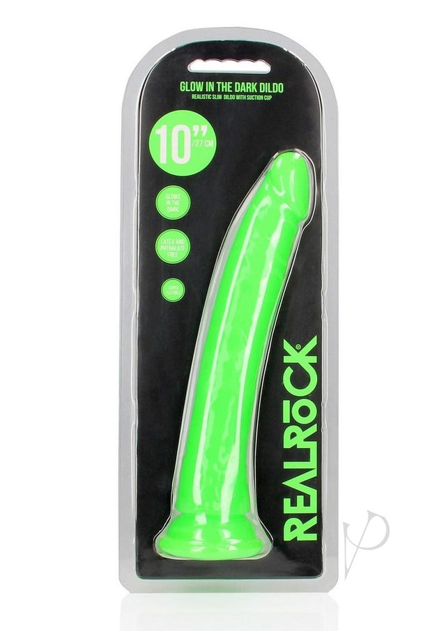 RealRock Slim Glow in the Dark Dildo with Suction Cup 10in - Green