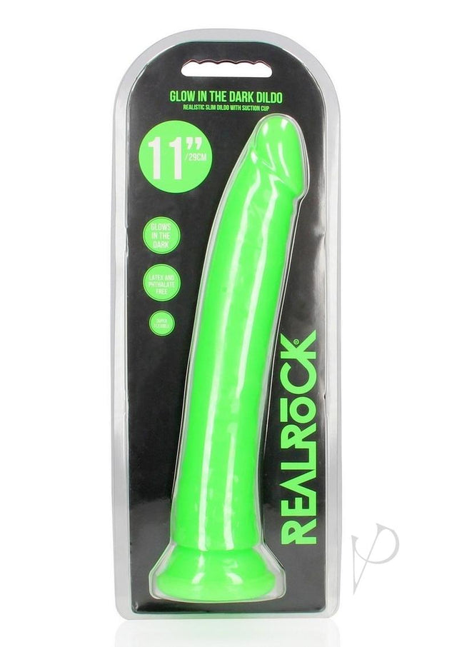 RealRock Slim Glow in the Dark Dildo with Suction Cup 11in - Green