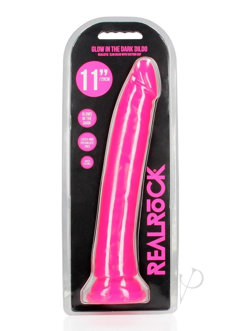 RealRock Slim Glow in the Dark Dildo with Suction Cup 11in - Pink