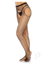 Leg Avenue Industrial Net Crotchless Garter Pantyhose - OS - Black