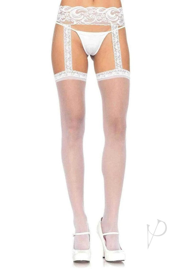 Leg Avenue Sheer Thi-Hi with Lace Garter Belt - O/S - White