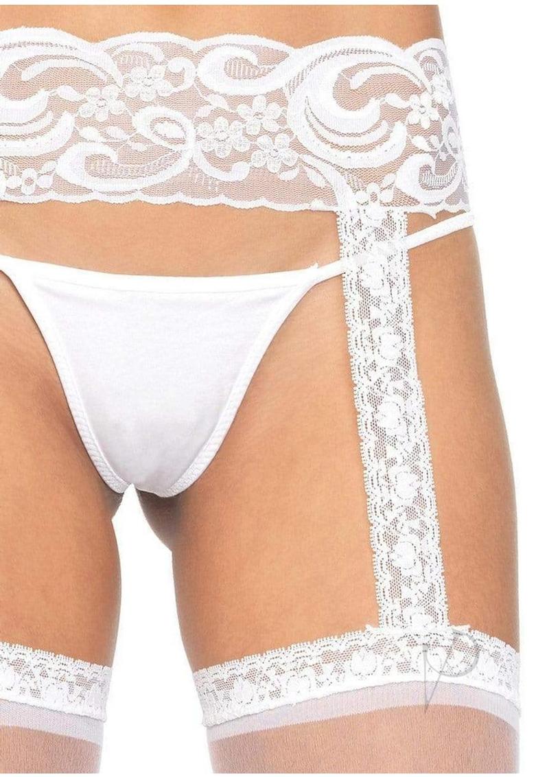 Leg Avenue Sheer Thi-Hi with Lace Garter Belt - OS - White