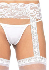 Leg Avenue Sheer Thi-Hi with Lace Garter Belt - OS - White