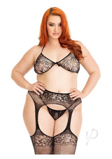 Leg Avenue Rhinestone Lace Bra Top, G-String and Fishnet Garter Belt Stocking (3 Piece) - 1X/2X - Black
