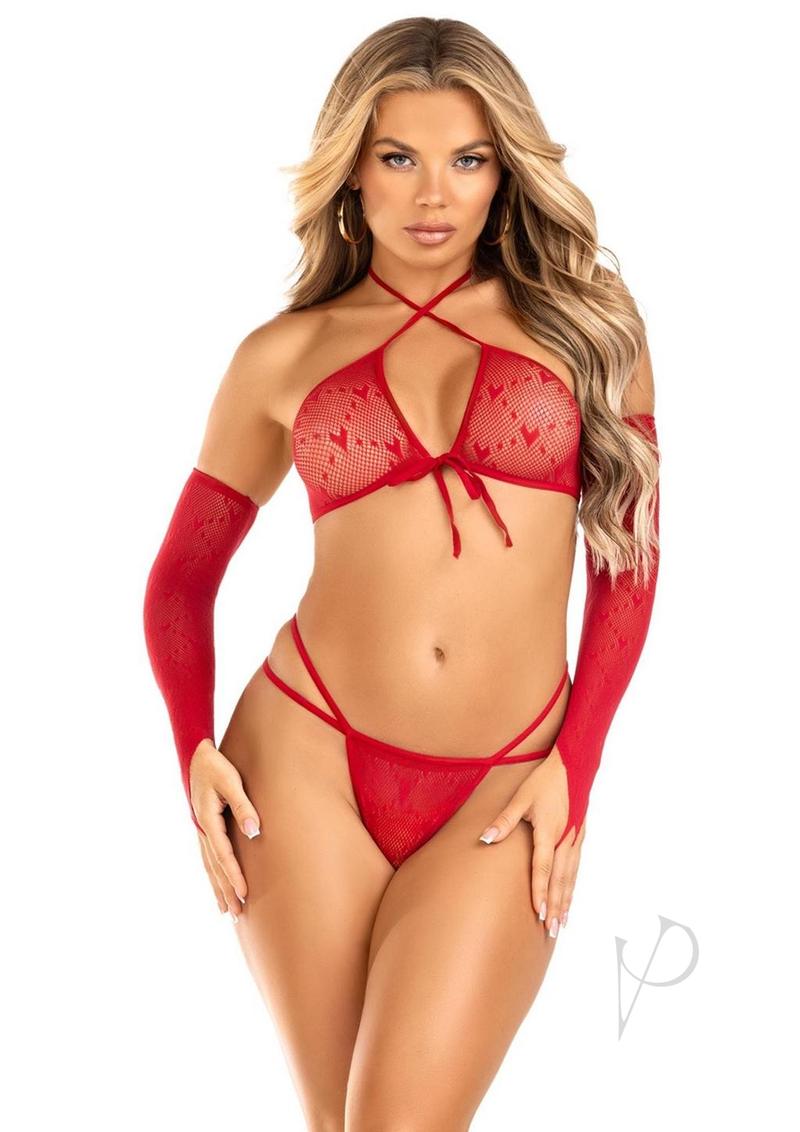 Leg Avenue Mini Heart Net Keyhole Crossover Crop Top, Dual Strap G-String, and Gauntlet Gloves - O/S - Red