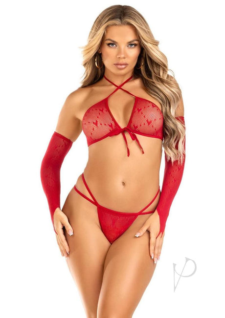 Leg Avenue Mini Heart Net Keyhole Crossover Crop Top, Dual Strap G-String, and Gauntlet Gloves - O/S - Red