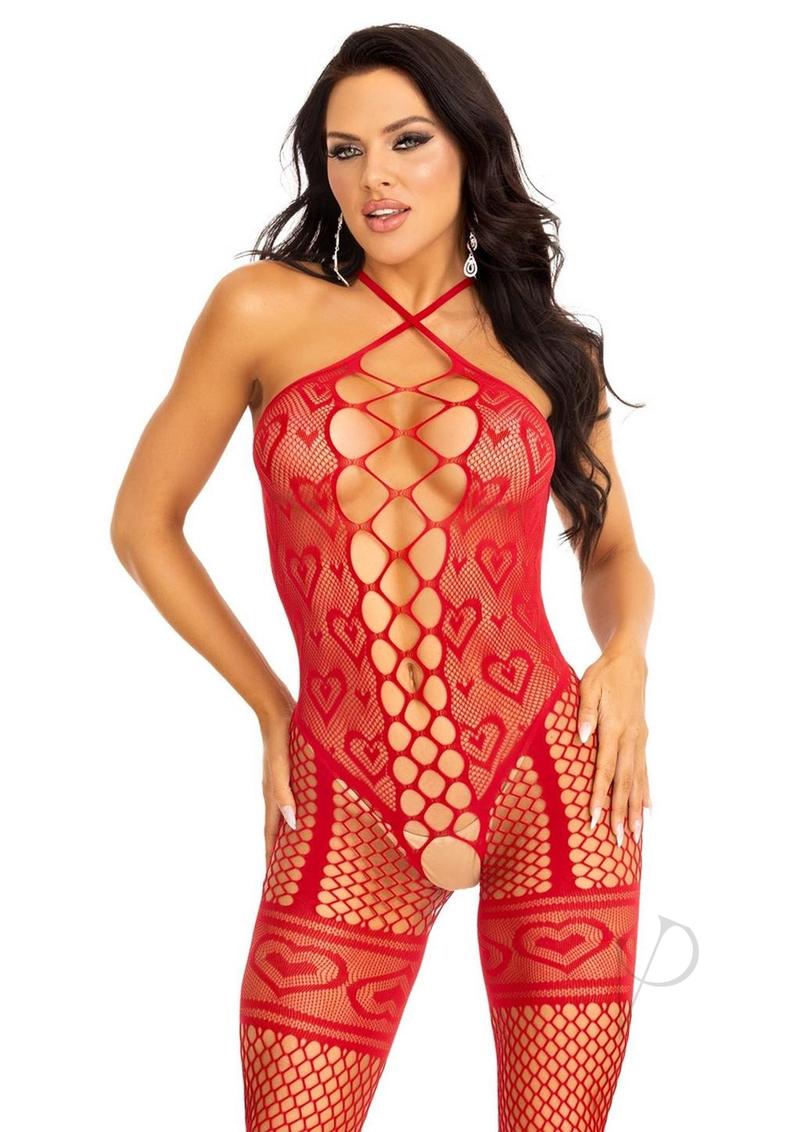 Leg Avenue Heart Net Halter Bodystocking with Faux Lace Up Front and Leg Garter Detail - O/S - Red