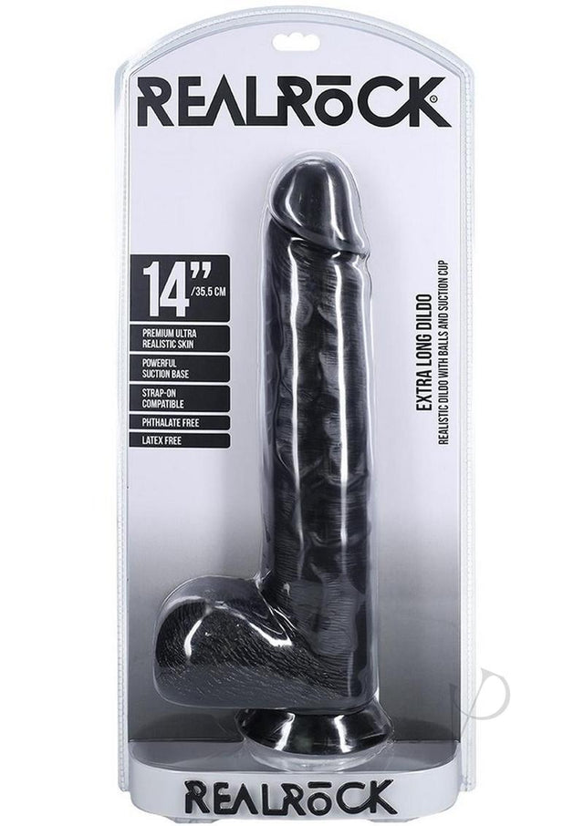 RealRock Ultra Realistic Skin Extra Large Straight Dildo with Balls and Suction Cup 14in - Black