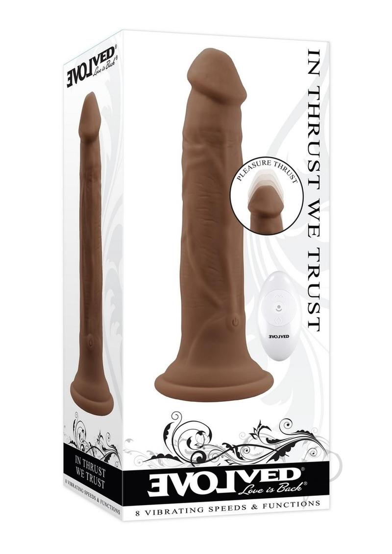 In Thrust We Trust Rechargeable Silicone Dildo with Remote - Chocolate