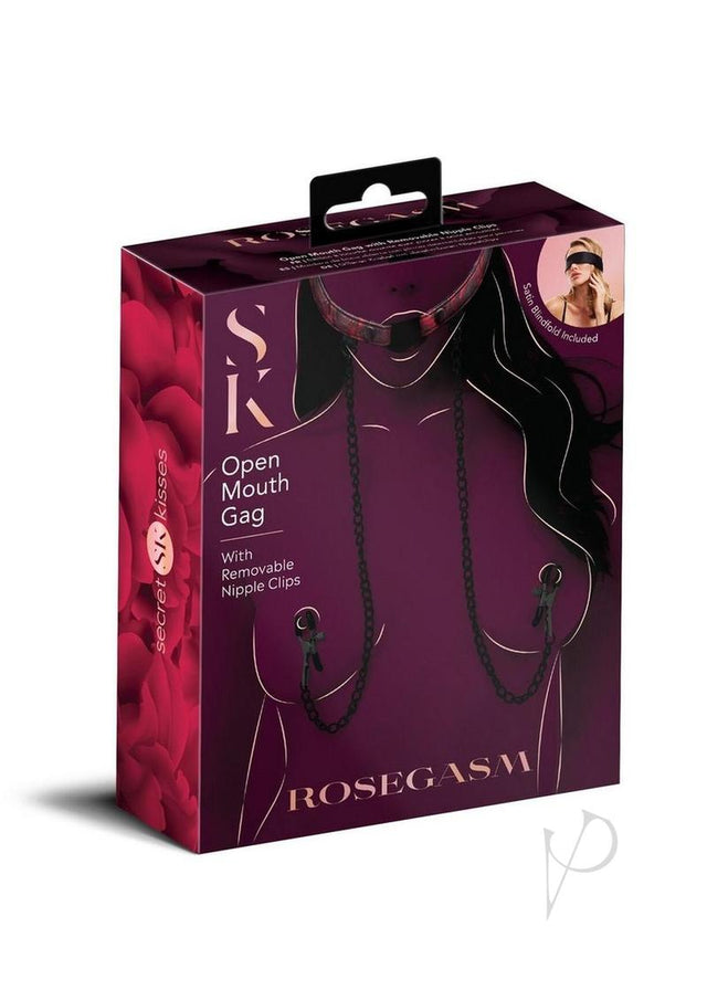 Secret Kisses Rosegasm Open Mouth Gag with Nipple Clips and Satin Blindfold - Red/Black