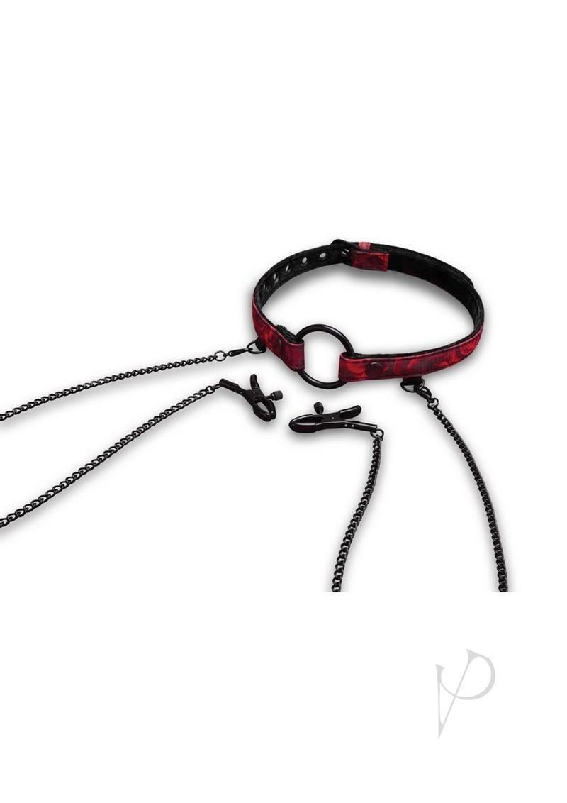 Secret Kisses Rosegasm Open Mouth Gag with Nipple Clips and Satin Blindfold - Red/Black