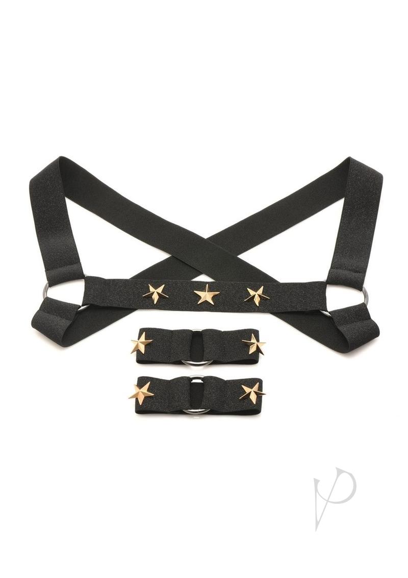Master Series Rave Harness Elastic Chest Harness with Arm Bands - Small/Medium - Black/Gold