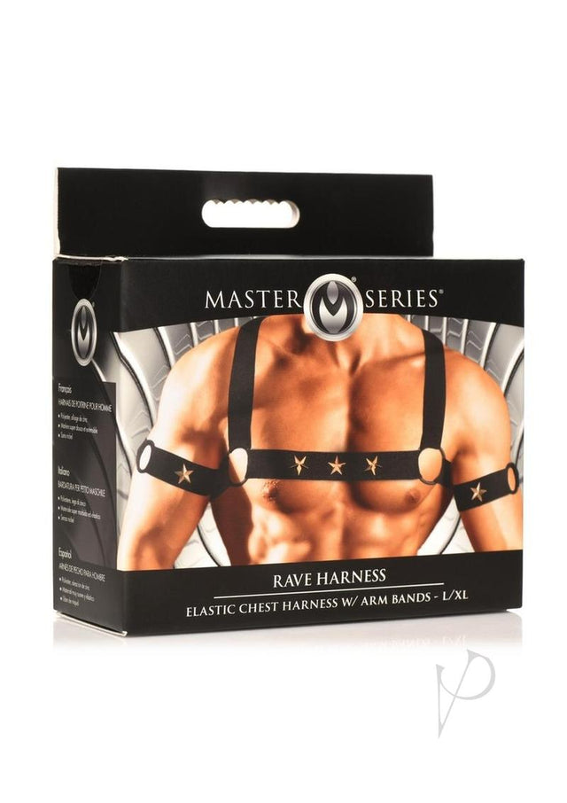 Master Series Rave Harness Elastic Chest Harness with Arm Bands - Large/Xlarge - Black/Gold