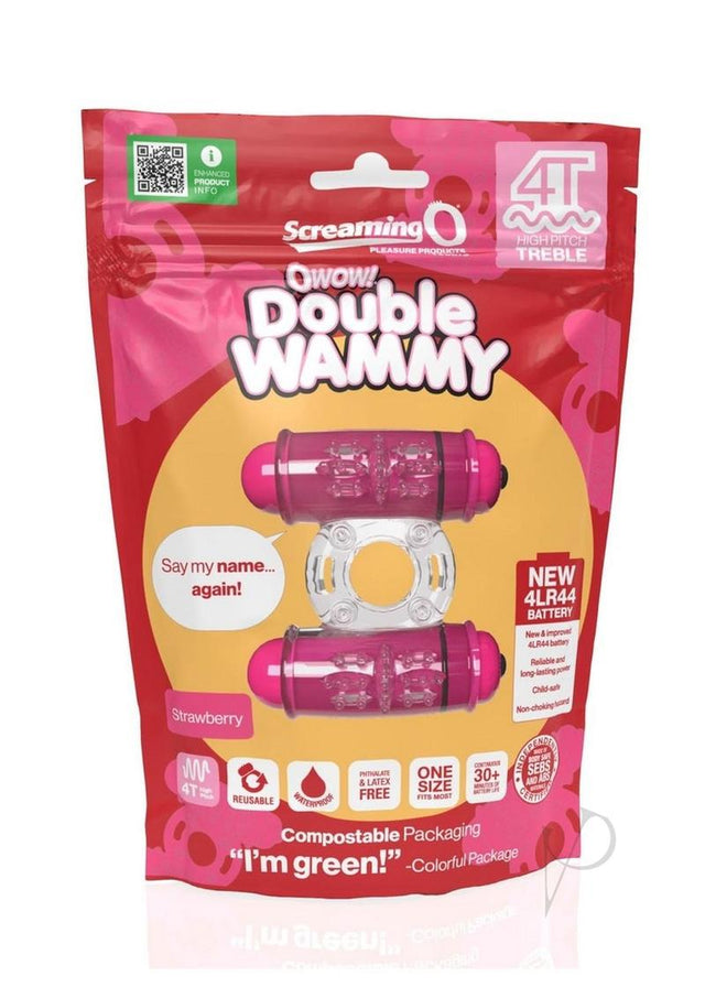 4T Double Wammy Silicone Dual Vibrating Couples Cock Ring - Strawberry