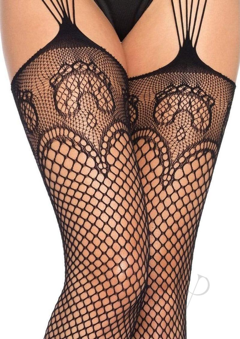 Leg Avenue Industrual Net Stocking with Dutchess Lace Top and Attached Multi-Strand Garter Belt - OS - Black