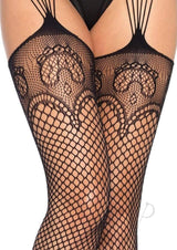 Leg Avenue Industrual Net Stocking with Dutchess Lace Top and Attached Multi-Strand Garter Belt - OS - Black