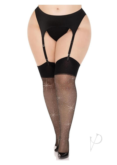 Leg Avenue Wide Top Rhinestone Spandex Sheer Stockings - 1X-2X - Black