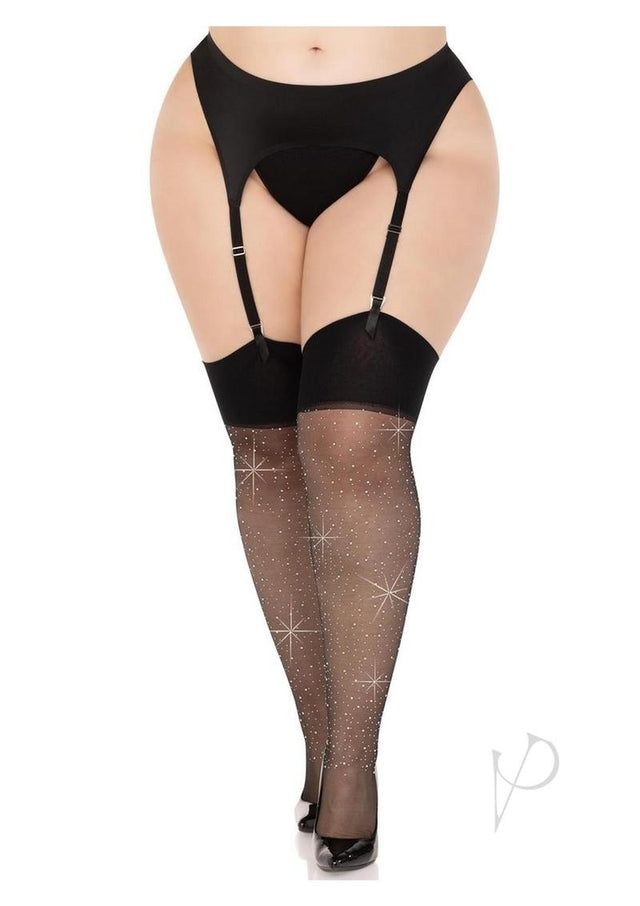 Leg Avenue Wide Top Rhinestone Spandex Sheer Stockings - 1X-2X - Black