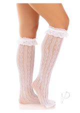 Leg Avenue Sweetheart Knit Knee Highs with Lace Ruffle Cuff - OS - White