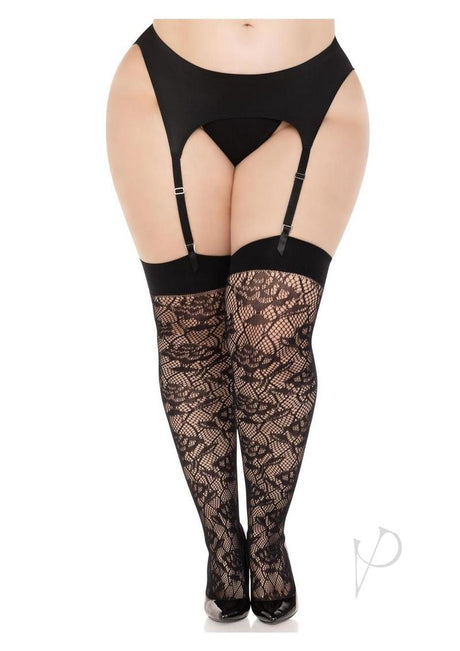 Leg Avenue Wild Rose Net Thigh Highs - 1X-2X - Black