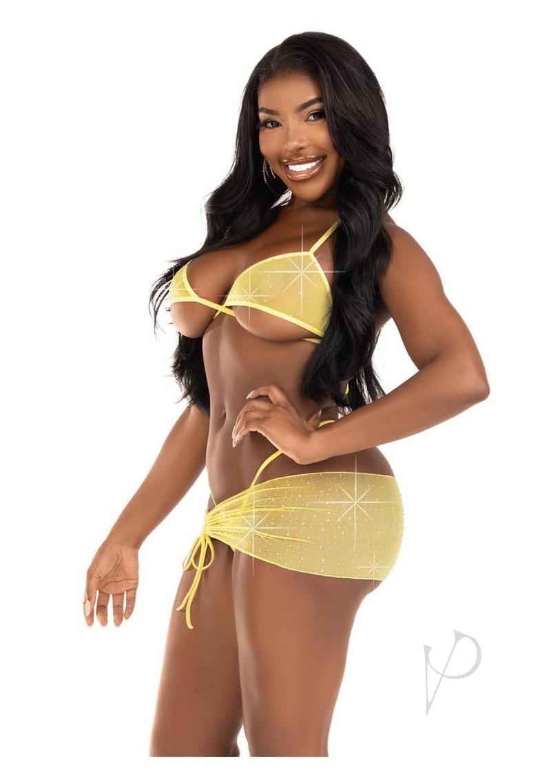 Leg Avenue Rhinestone Mesh Wrap Around Bra Top, G-String Panty, and Ruched Tie Sarong (3 Piece) - S/M - Baby Yellow
